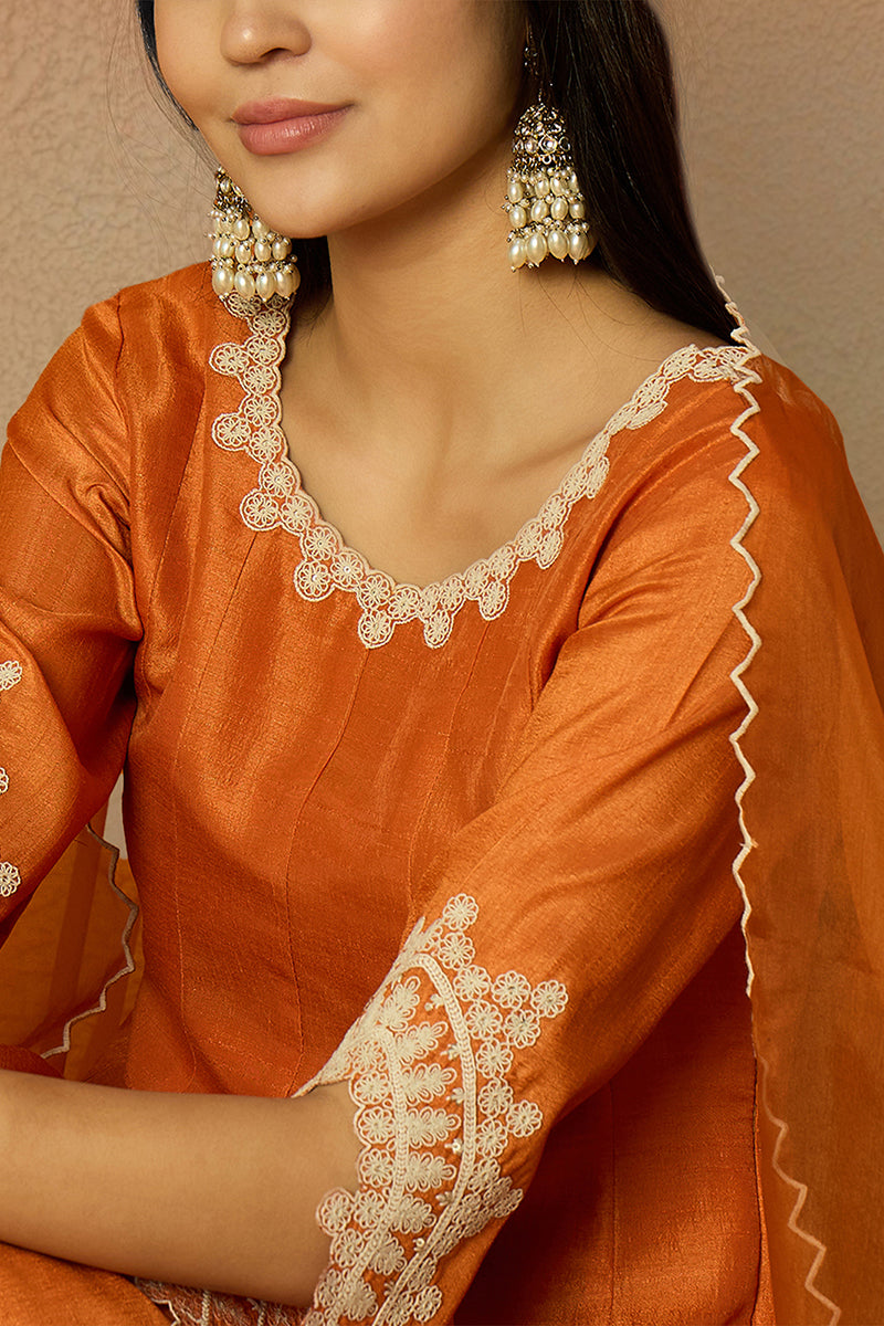 Orange Silk Blend Solid Embroidered Flared Suit Set PKSKD2364