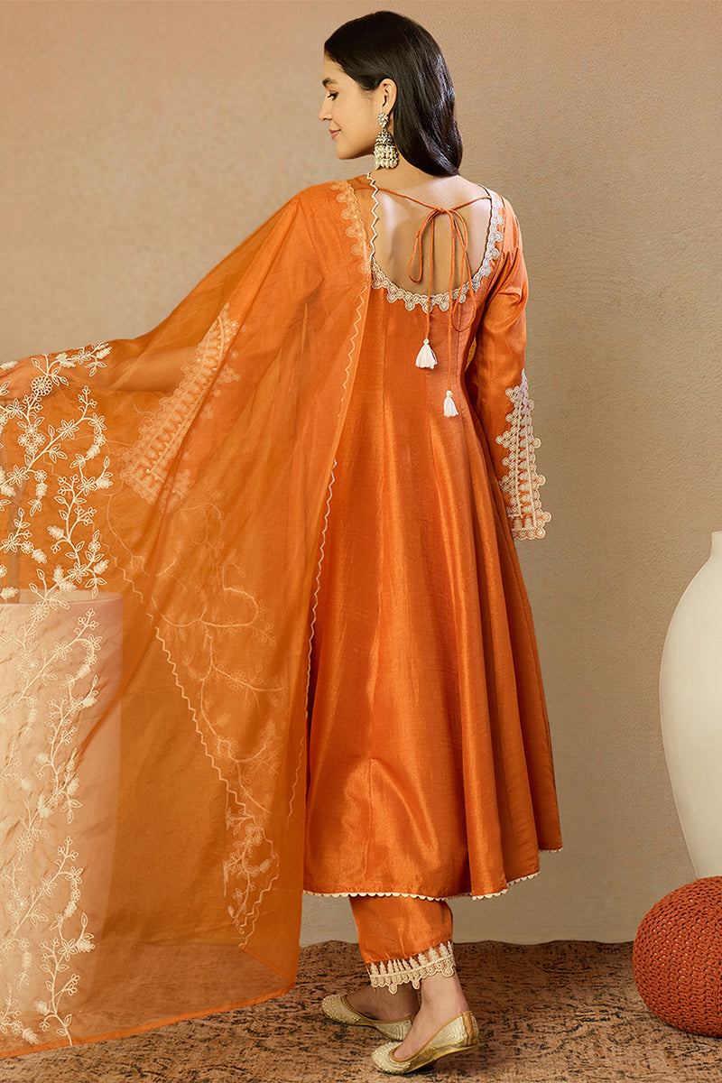 Orange Silk Blend Solid Embroidered Flared Suit Set PKSKD2364