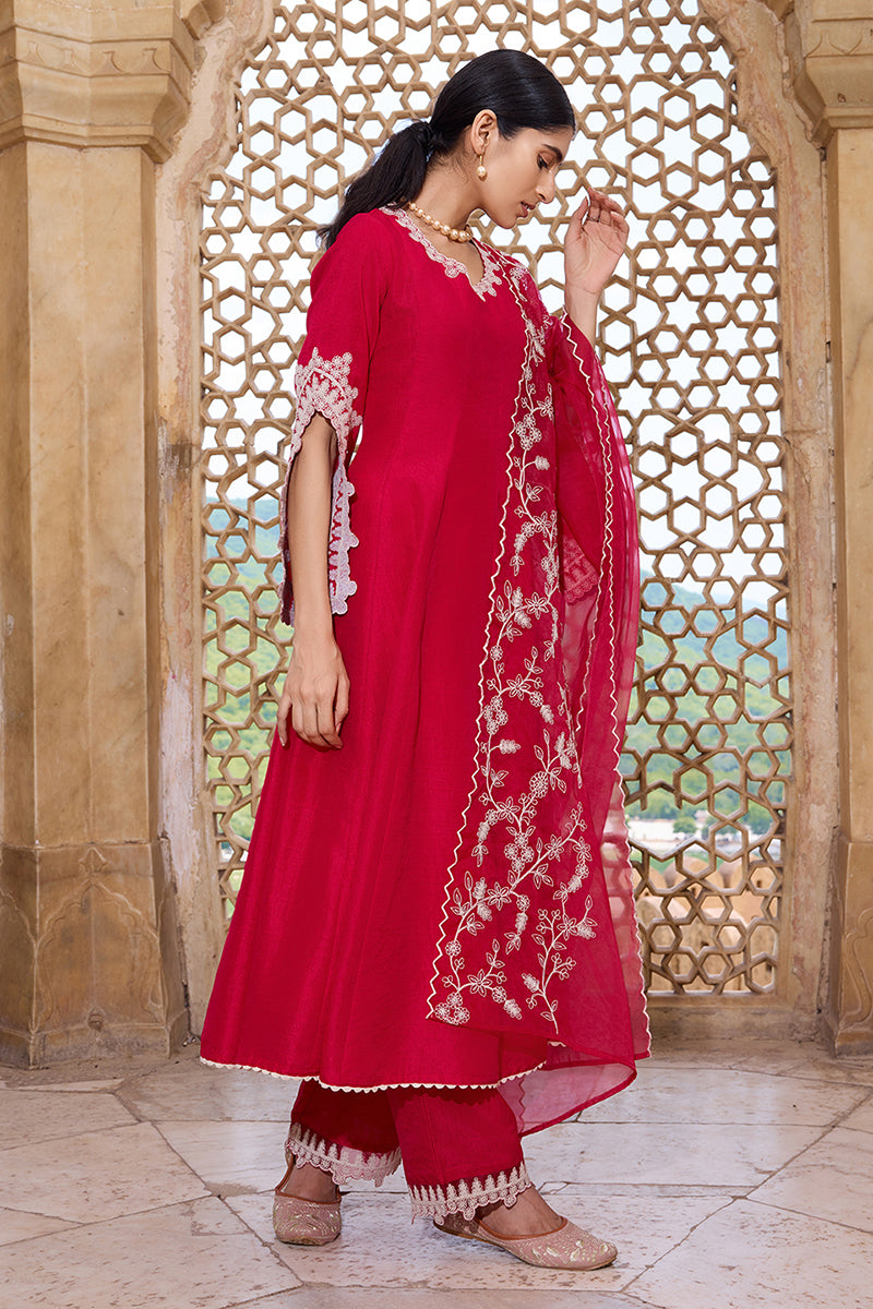 Fuchsia Pink Silk Blend Solid Embroidered Flared Suit Set PKSKD2365