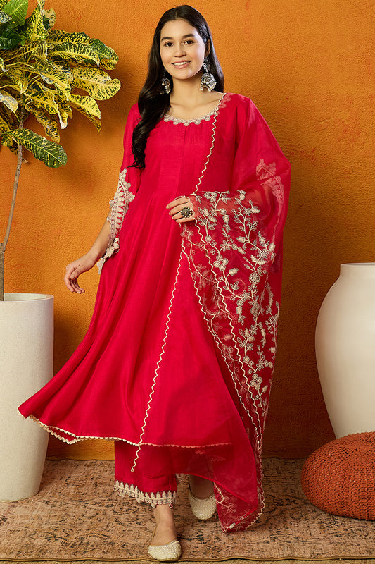 Fuchsia Pink Silk Blend Solid Embroidered Flared Suit Set PKSKD2365