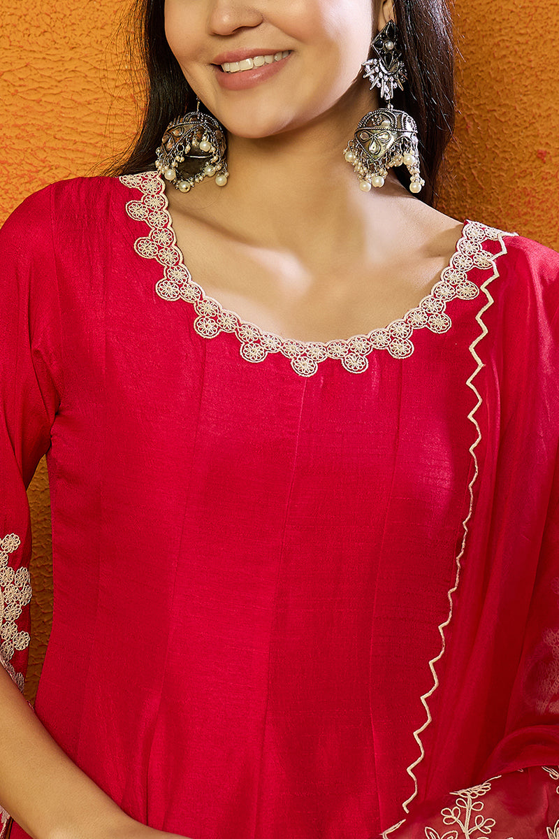 Fuchsia Pink Silk Blend Solid Embroidered Flared Suit Set PKSKD2365