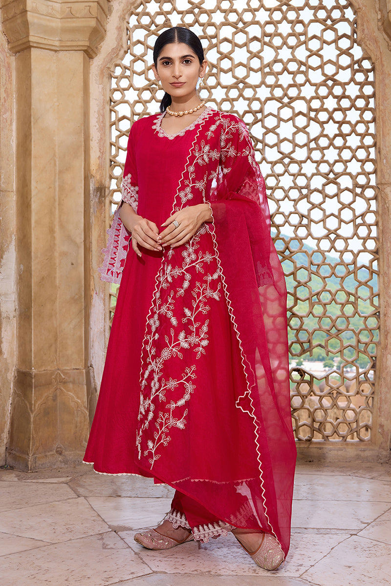 Fuchsia Pink Silk Blend Solid Embroidered Flared Suit Set PKSKD2365