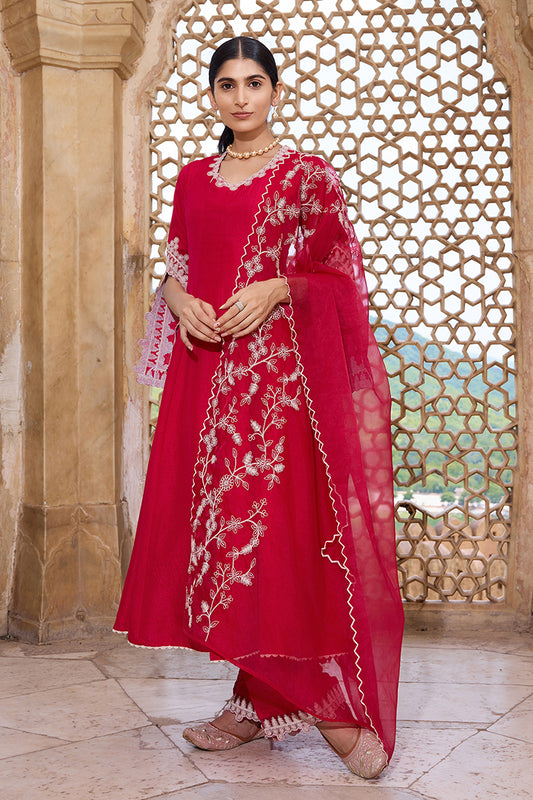 Fuchsia Pink Silk Blend Solid Embroidered Flared Suit Set PKSKD2365