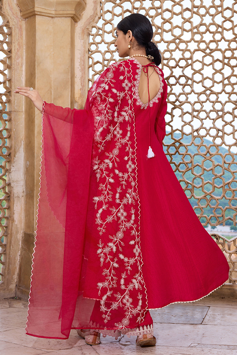 Fuchsia Pink Silk Blend Solid Embroidered Flared Suit Set PKSKD2365