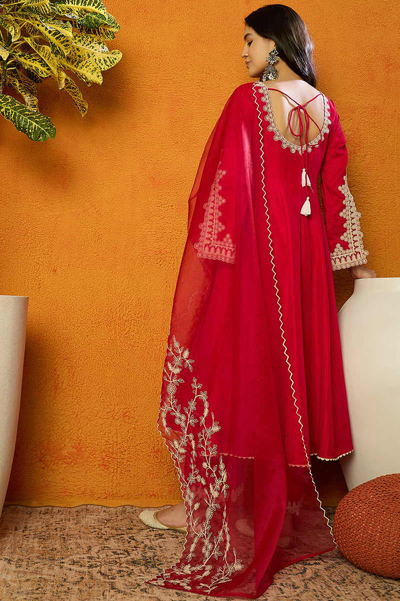 Fuchsia Pink Silk Blend Solid Embroidered Flared Suit Set PKSKD2365