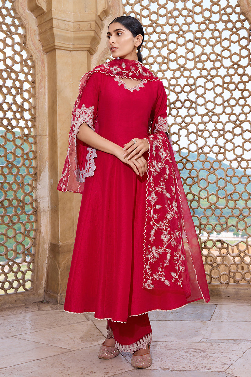 Fuchsia Pink Silk Blend Solid Embroidered Flared Suit Set PKSKD2365