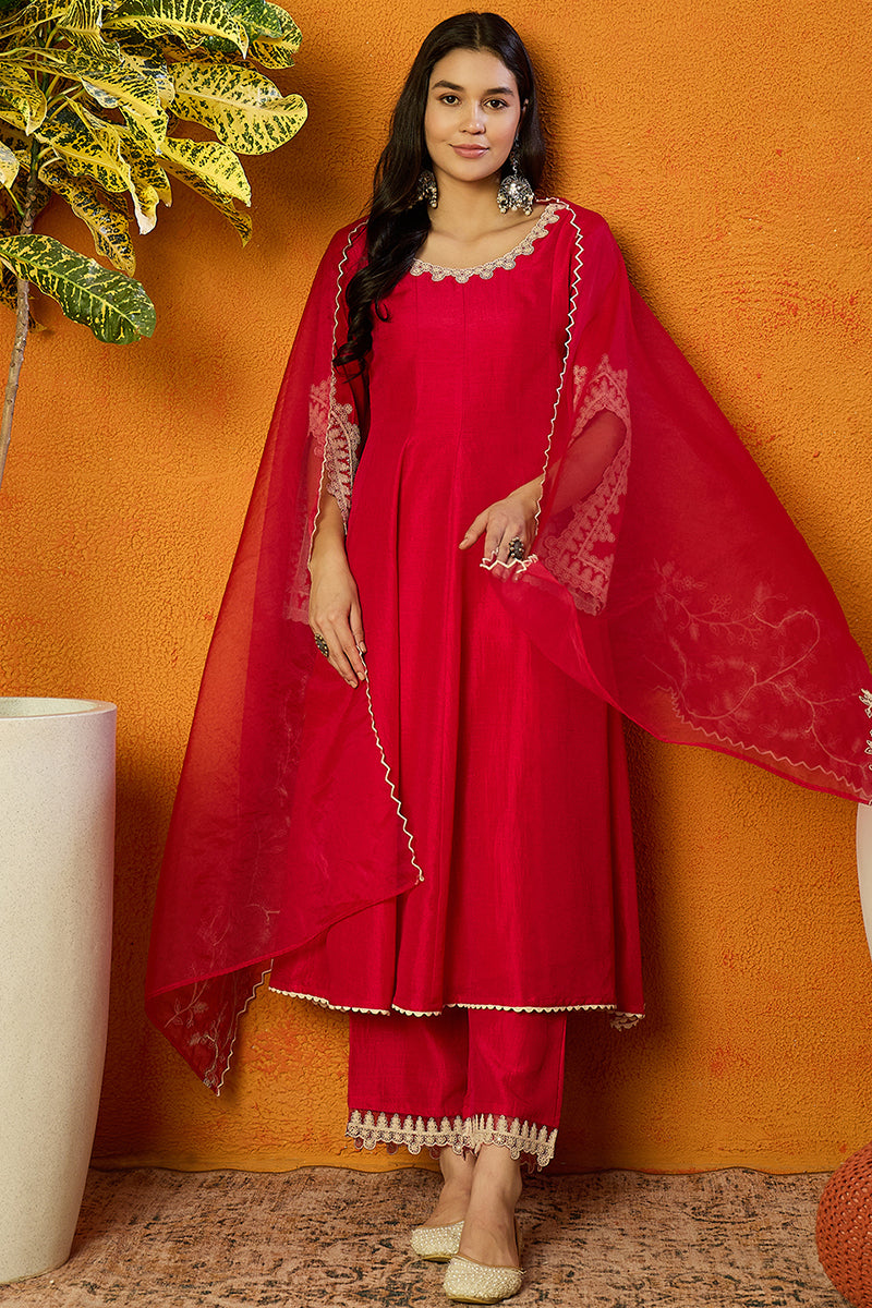 Fuchsia Pink Silk Blend Solid Embroidered Flared Suit Set PKSKD2365