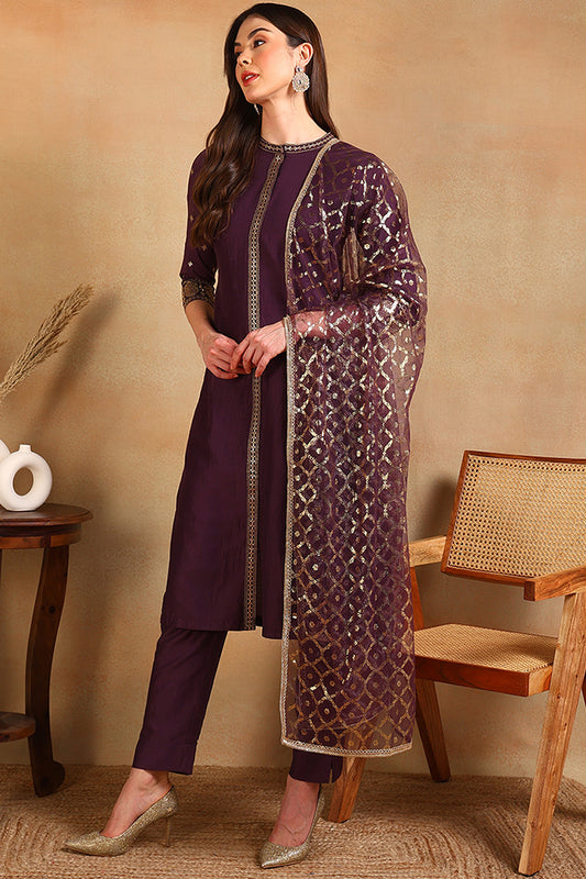 Purple Silk Blend Embroidered Straight Suit Set PKSKD2370