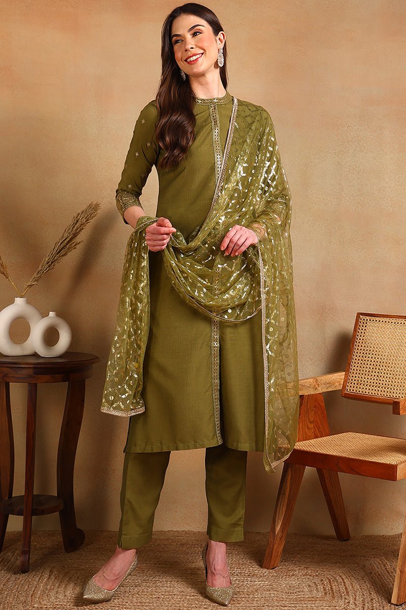 Olive Green Silk Blend Embroidered Straight Suit Set PKSKD2372