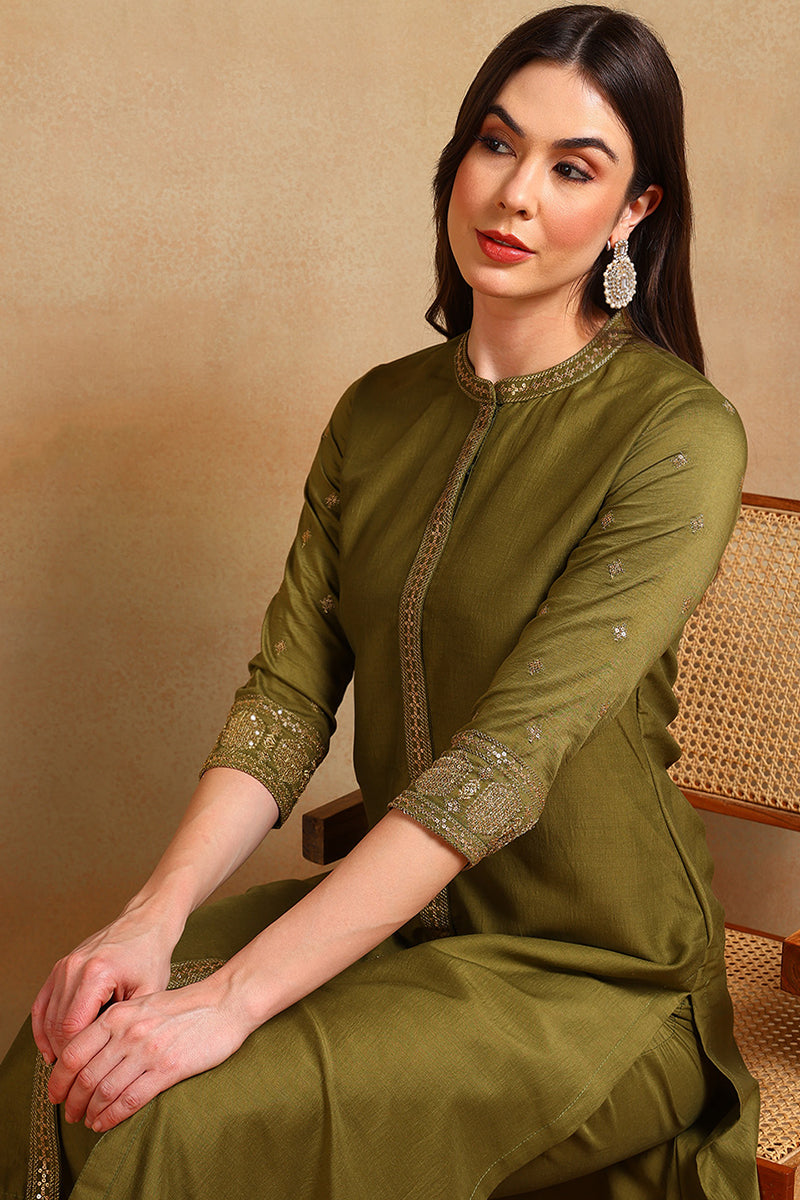 Olive Green Silk Blend Embroidered Straight Suit Set PKSKD2372