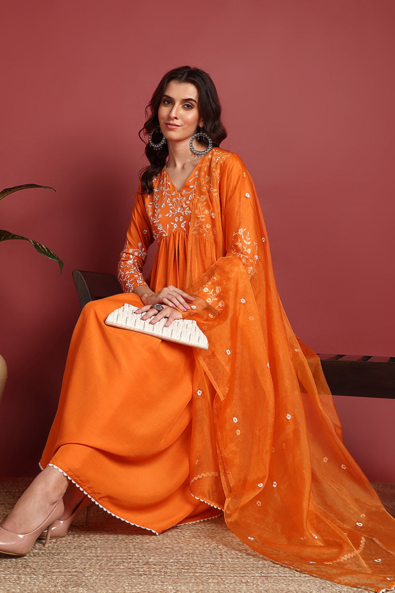 Orange Cotton Blend Solid Embroidered A-Line Suit Set PKSKD2377