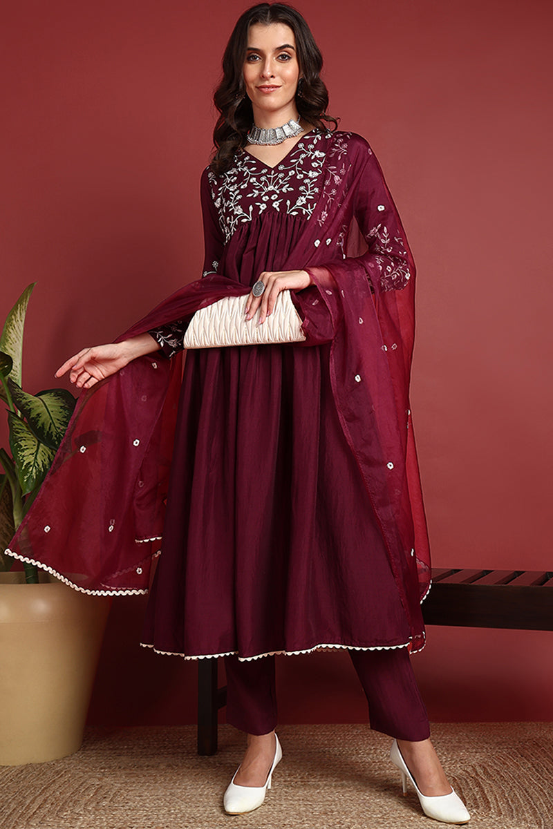 Burgundy Cotton Blend Solid Embroidered A-Line Suit Set PKSKD2378