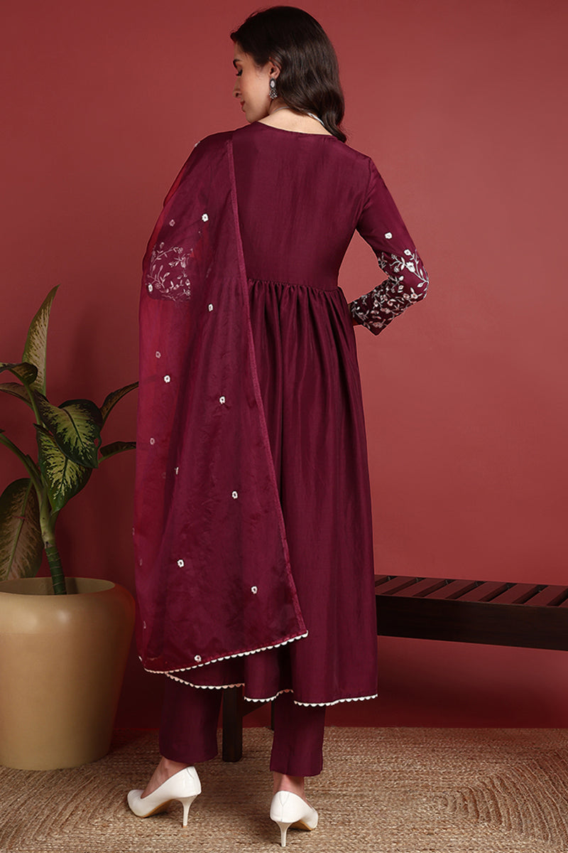 Burgundy Cotton Blend Solid Embroidered A-Line Suit Set PKSKD2378