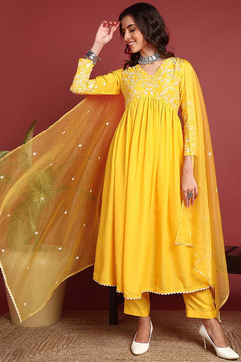 Yellow Cotton Blend Solid Embroidered A-Line Suit Set PKSKD2379