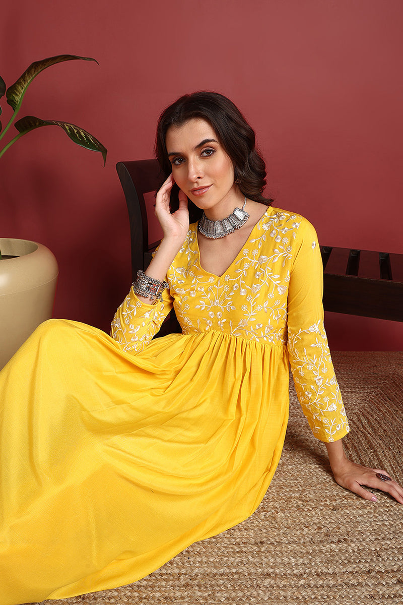 Yellow Cotton Blend Solid Embroidered A-Line Suit Set PKSKD2379