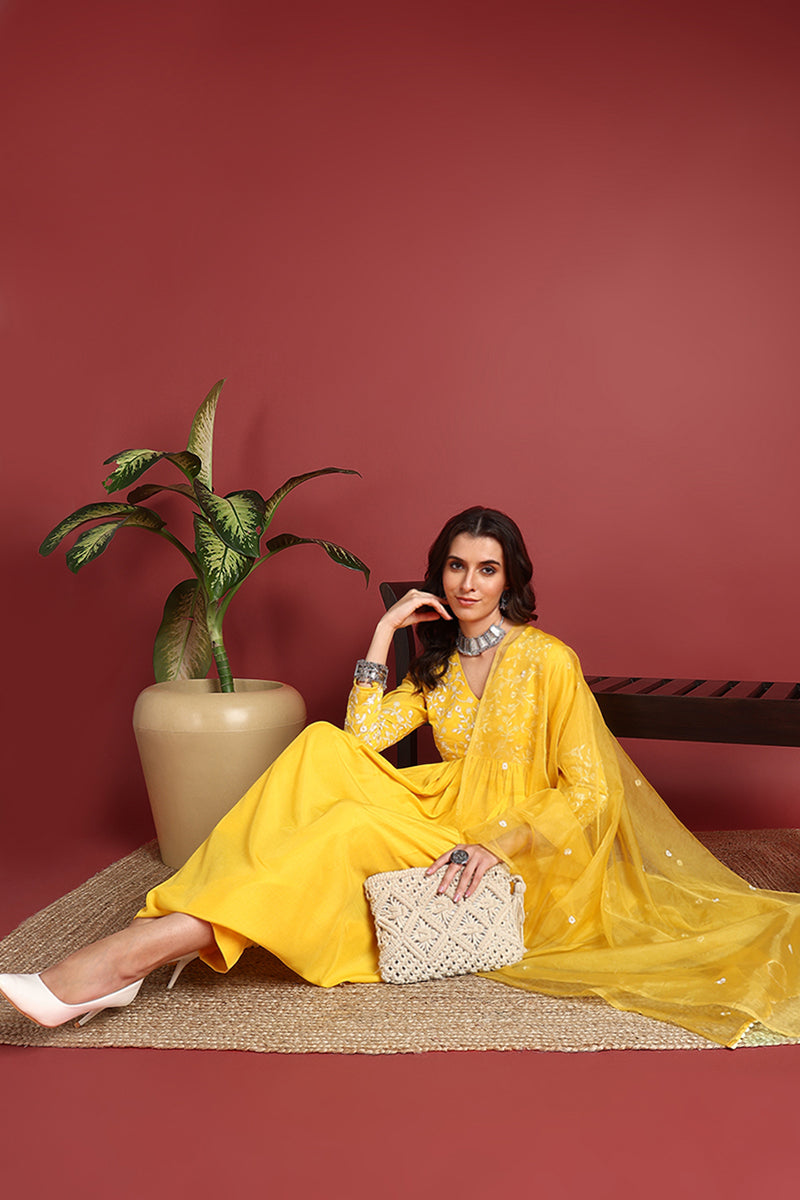 Yellow Cotton Blend Solid Embroidered A-Line Suit Set PKSKD2379