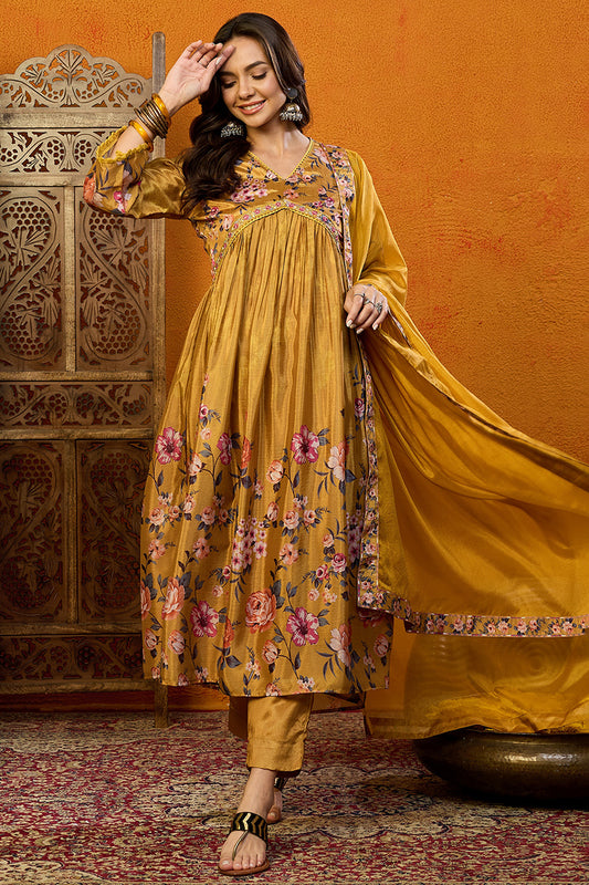 Mustard Silk Blend Floral Printed A-Line Suit Set PKSKD2383