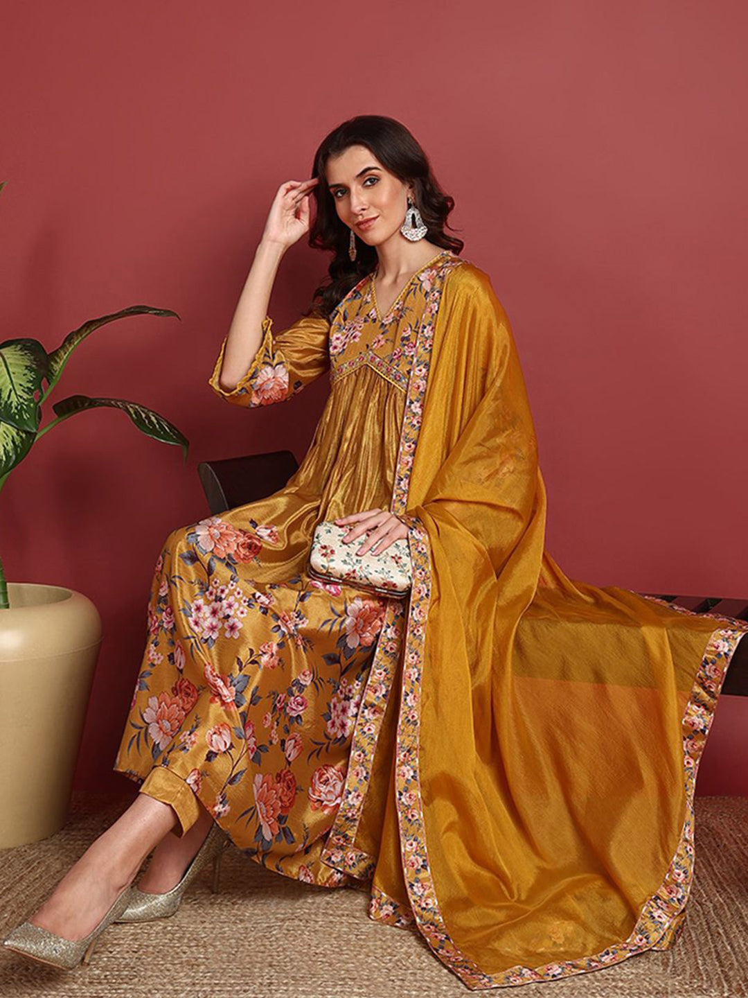 Mustard Yellow Silk Blend Floral Printed A-Line Suit Set PKSKD2383