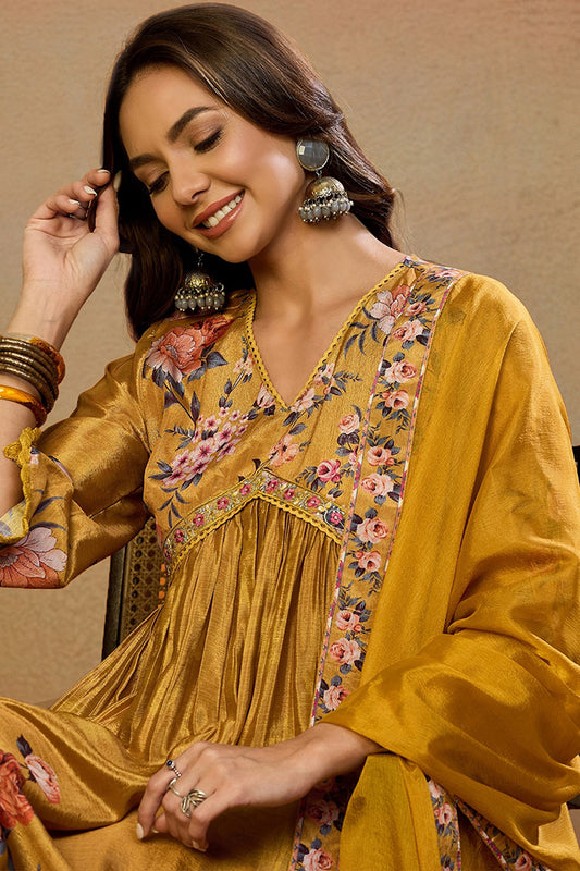 Mustard Yellow Silk Blend Floral Printed A-Line Suit Set PKSKD2383