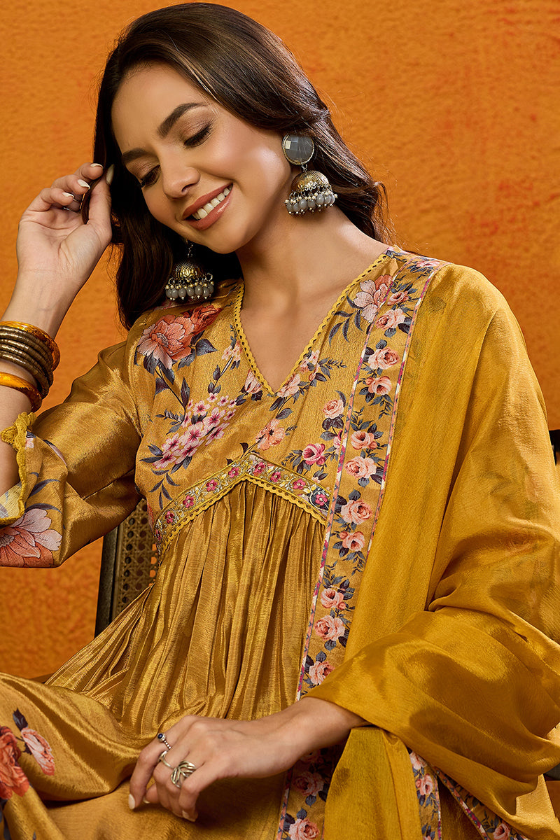 Mustard Silk Blend Floral Printed A-Line Suit Set PKSKD2383