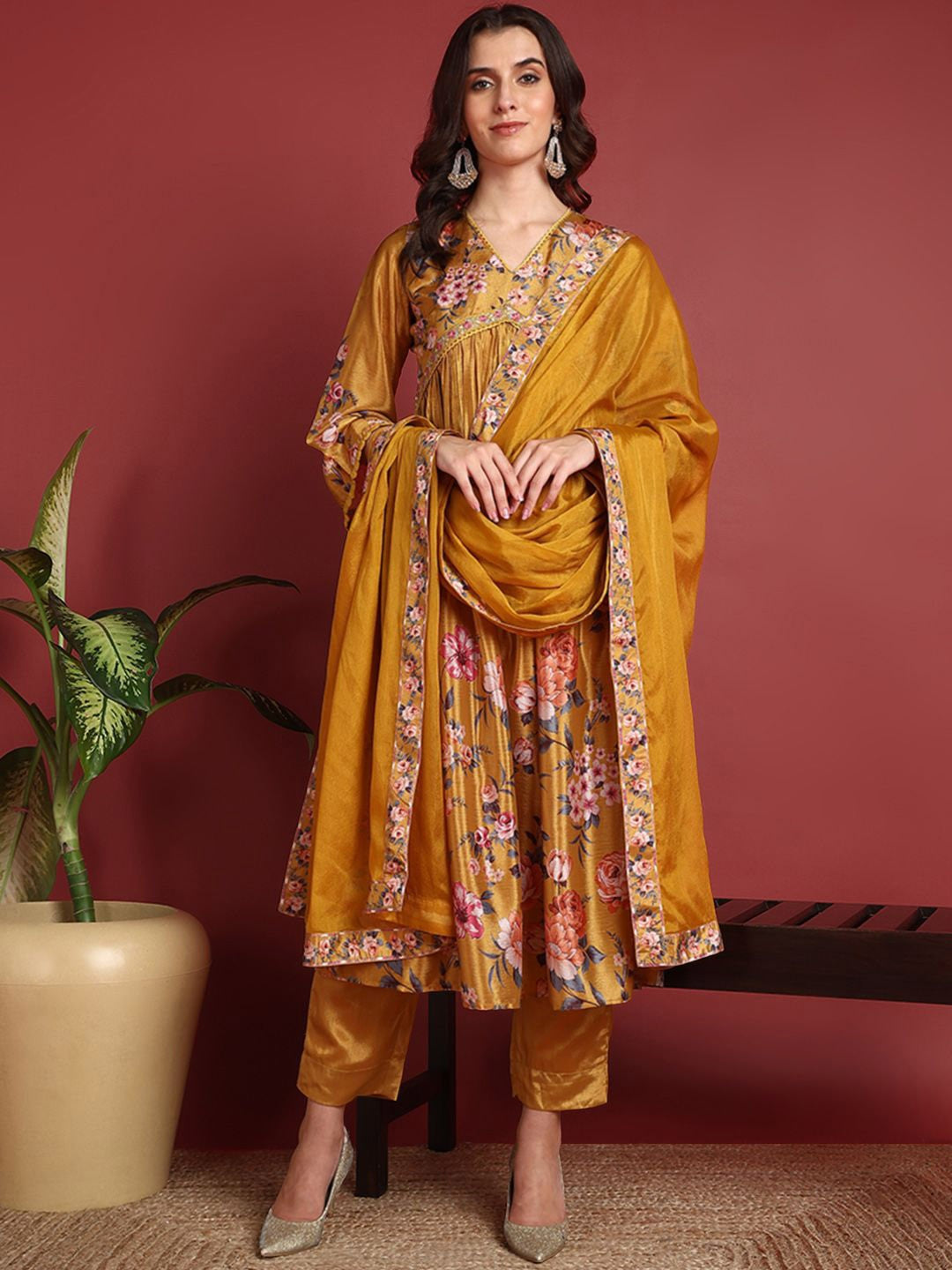 Mustard Yellow Silk Blend Floral Printed A-Line Suit Set PKSKD2383