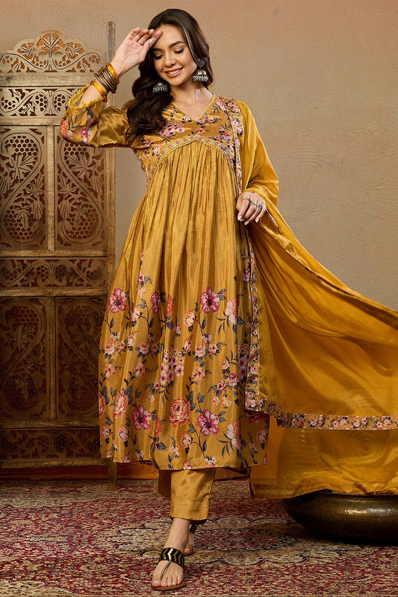 Mustard Yellow Silk Blend Floral Printed A-Line Suit Set PKSKD2383