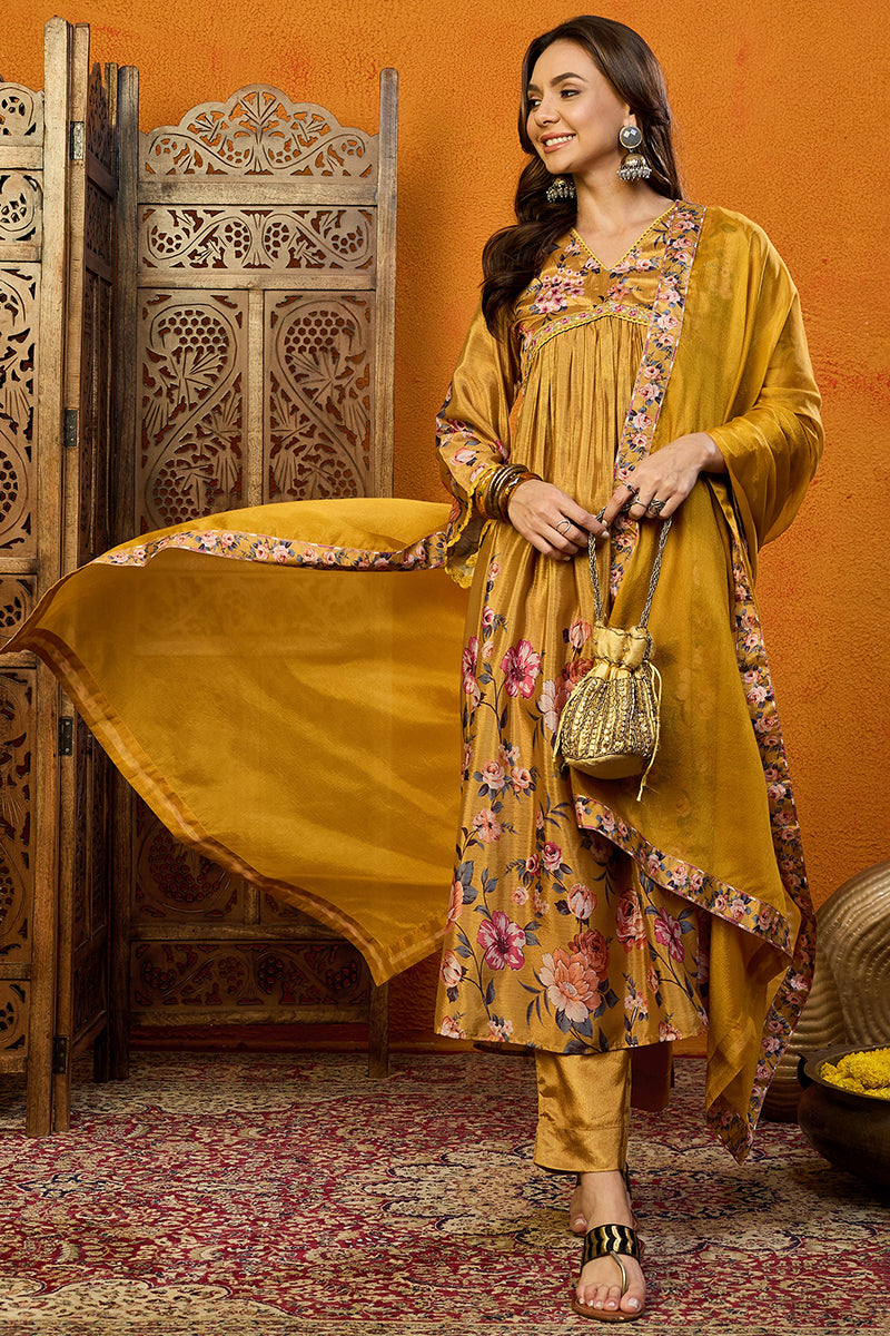 Mustard Silk Blend Floral Printed A-Line Suit Set PKSKD2383