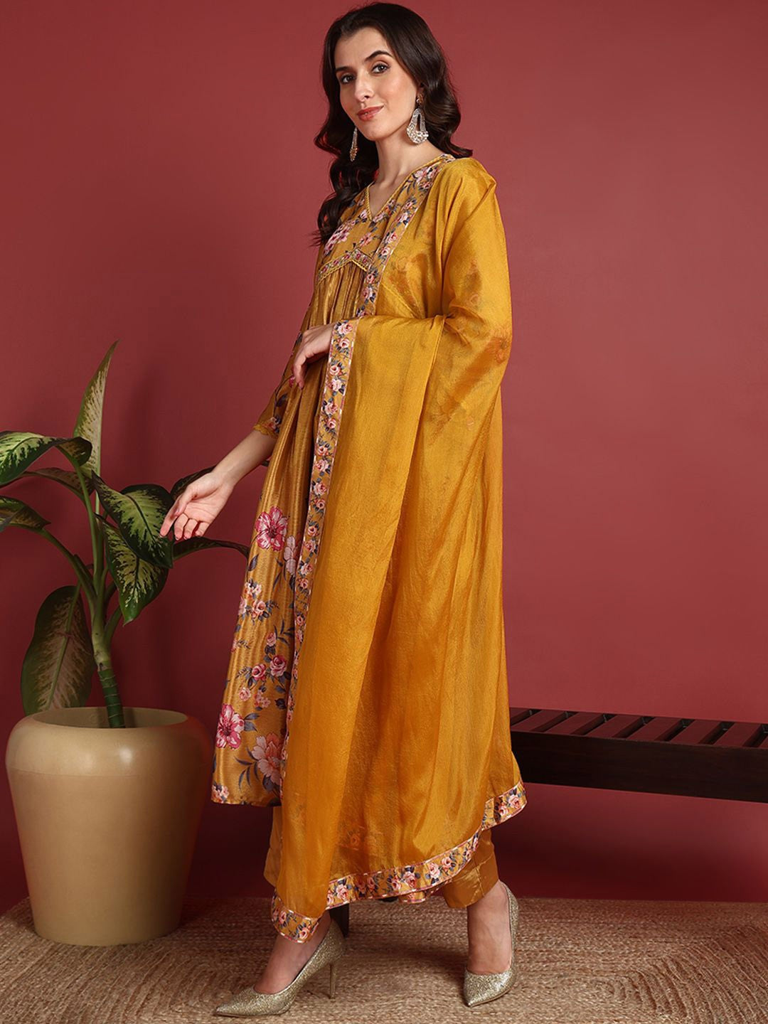 Mustard Yellow Silk Blend Floral Printed A-Line Suit Set PKSKD2383