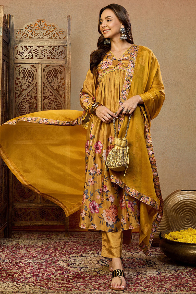 Mustard Yellow Silk Blend Floral Printed A-Line Suit Set PKSKD2383