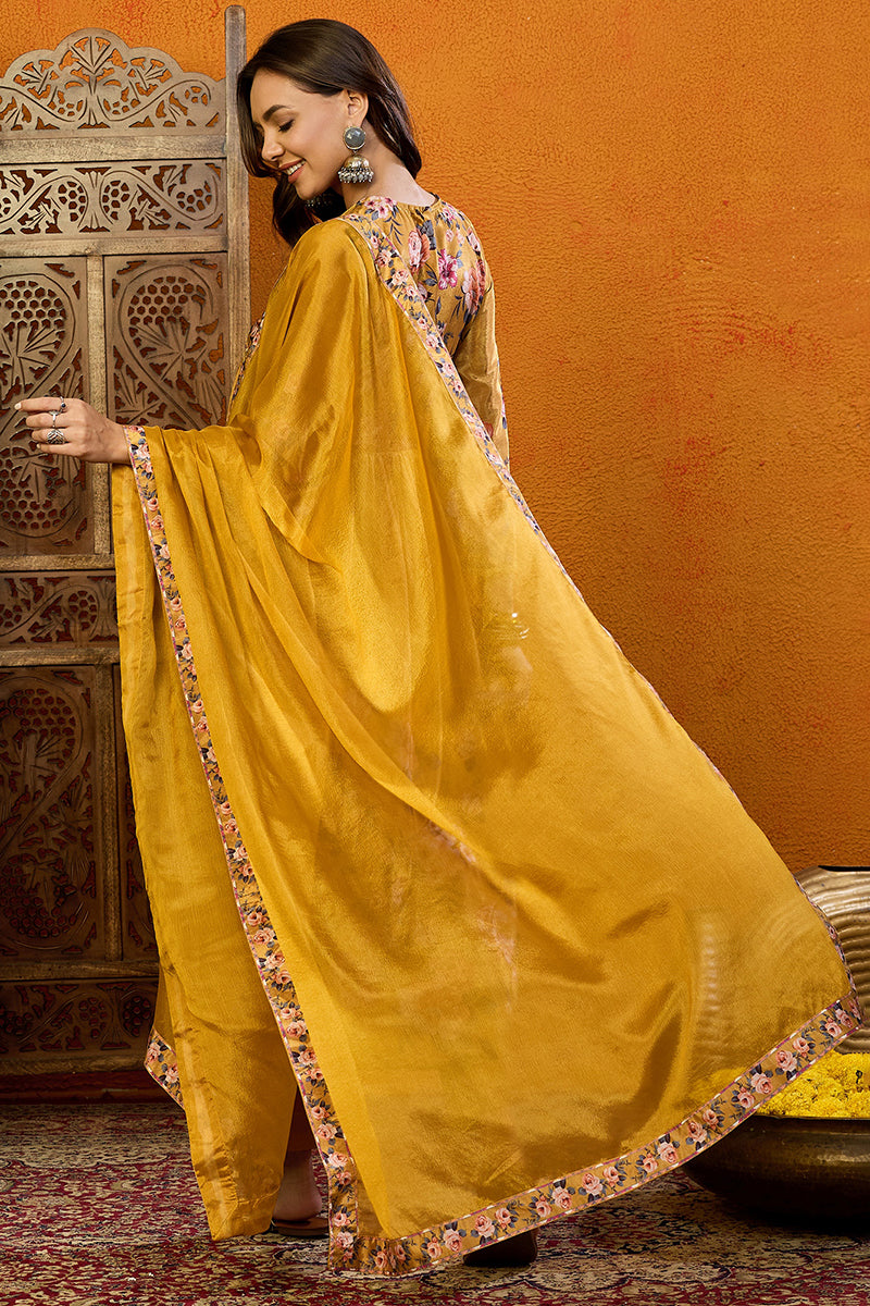 Mustard Silk Blend Floral Printed A-Line Suit Set PKSKD2383