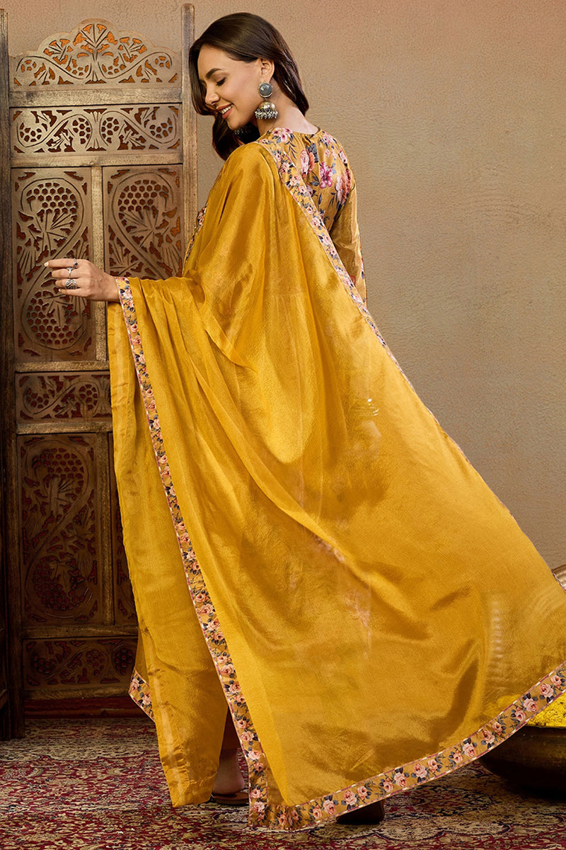 Mustard Yellow Silk Blend Floral Printed A-Line Suit Set PKSKD2383