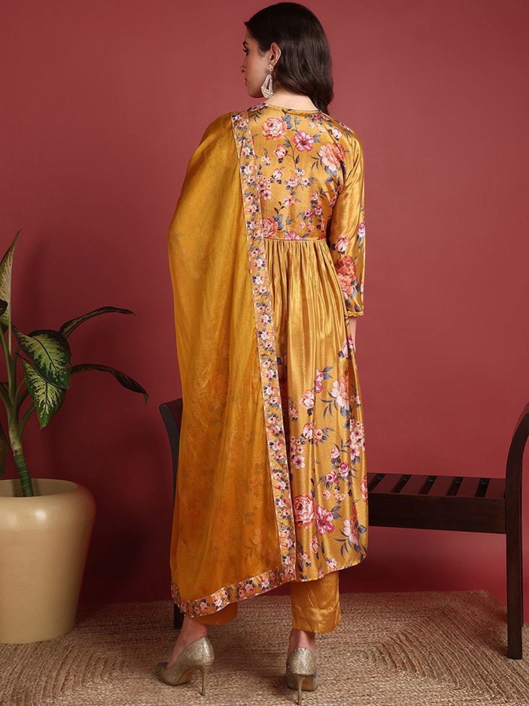 Mustard Yellow Silk Blend Floral Printed A-Line Suit Set PKSKD2383