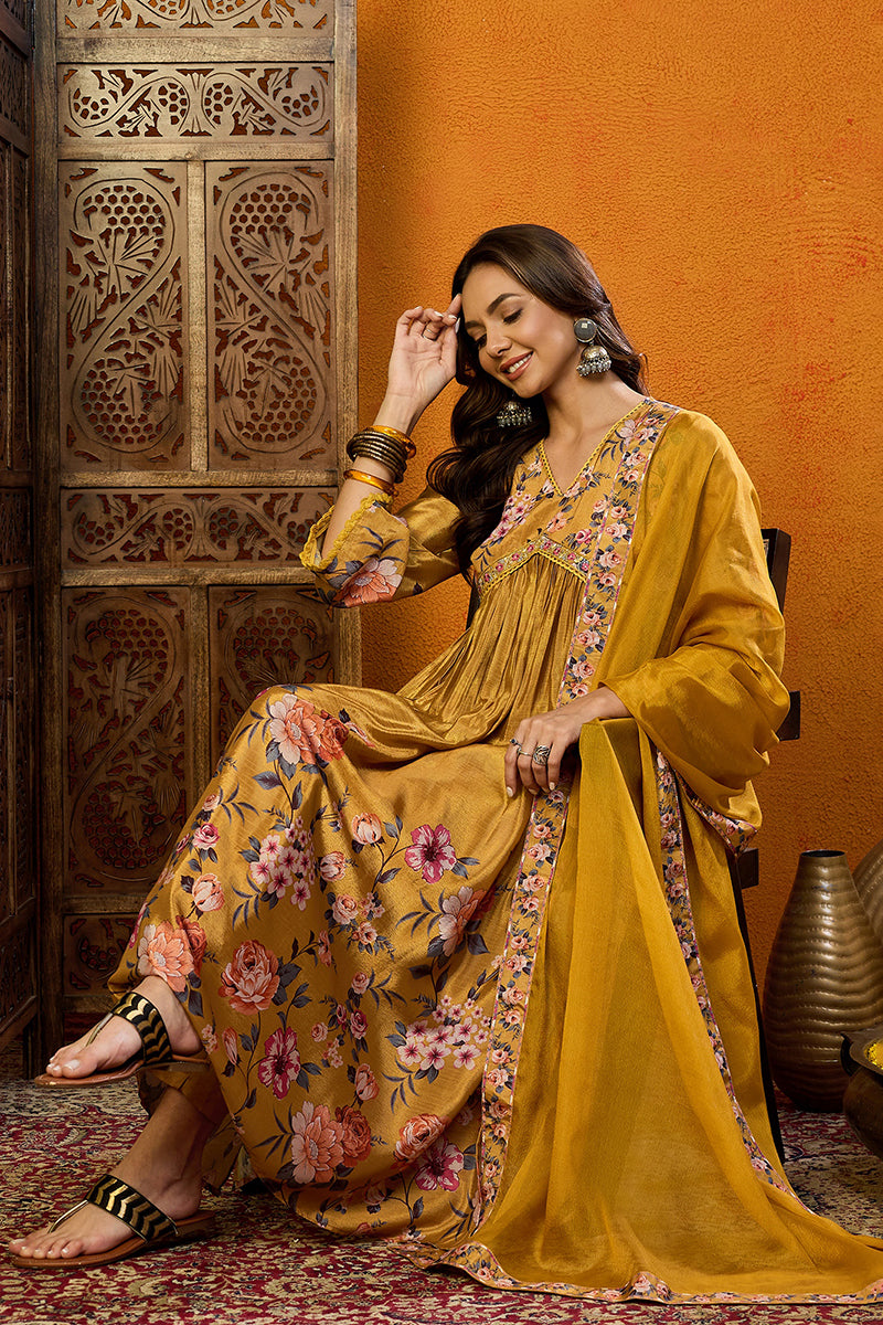 Mustard Silk Blend Floral Printed A-Line Suit Set PKSKD2383