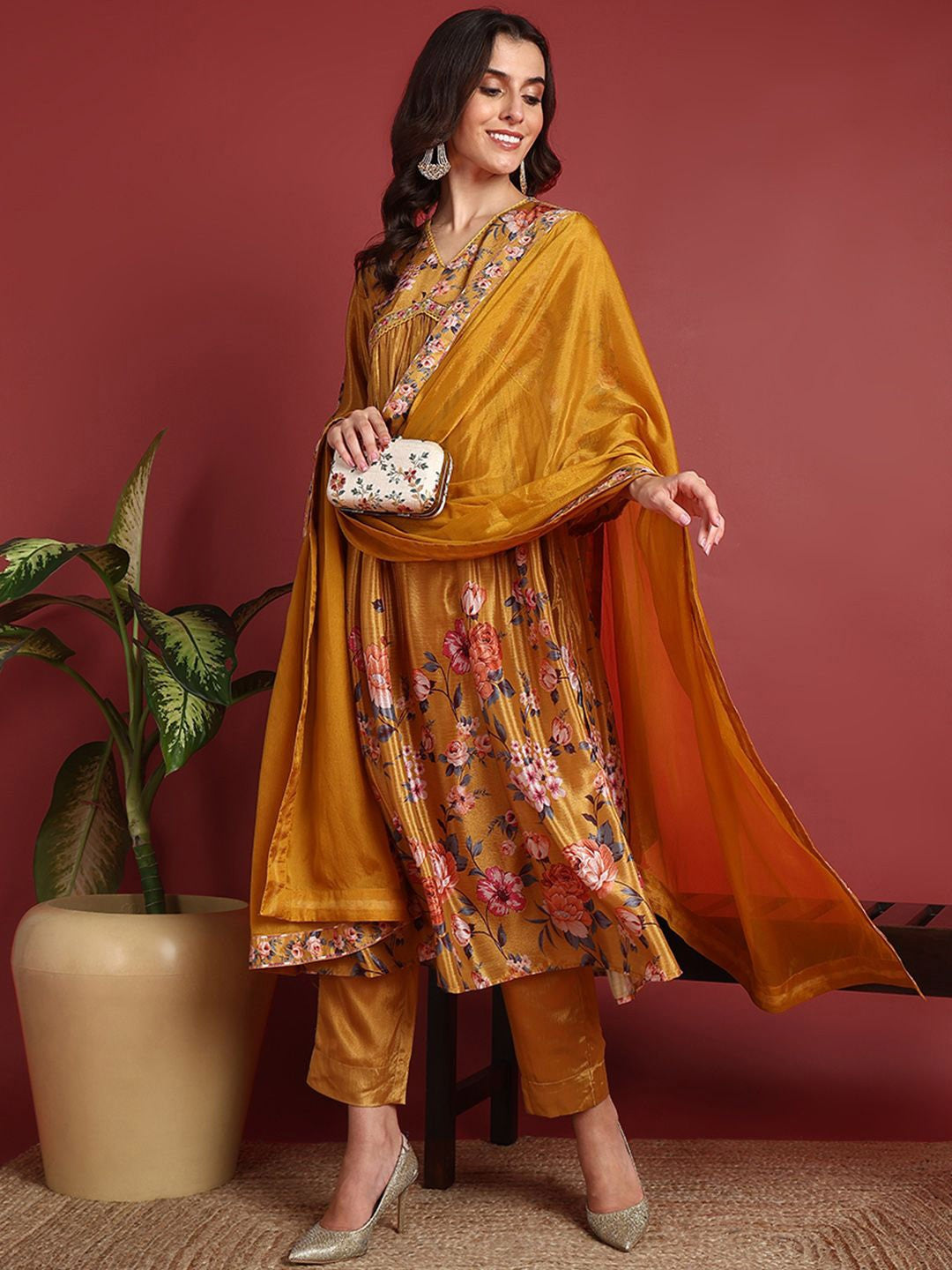 Mustard Yellow Silk Blend Floral Printed A-Line Suit Set PKSKD2383