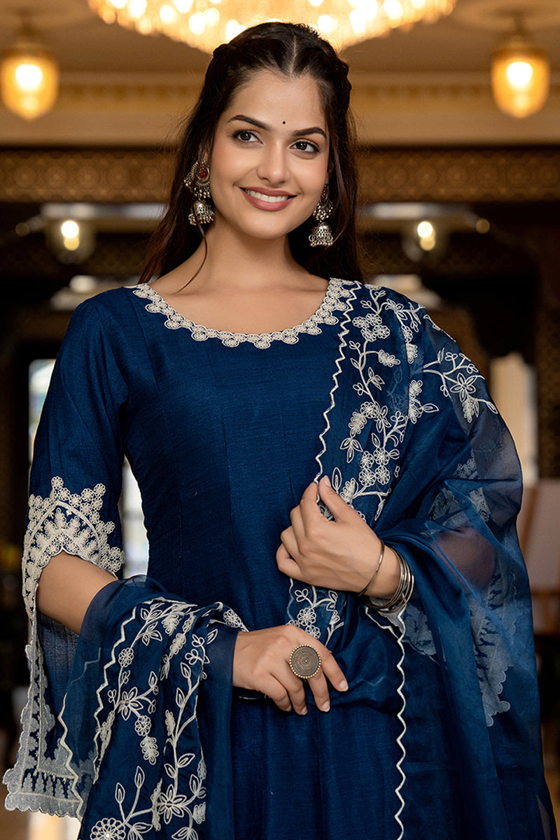 Blue Silk Blend Solid Embroidered Anarkali Kurta Palazzo With Dupatta PKSKD2397