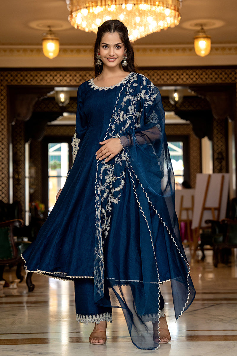 Blue Silk Blend Solid Embroidered Anarkali Kurta Palazzo With Dupatta PKSKD2397