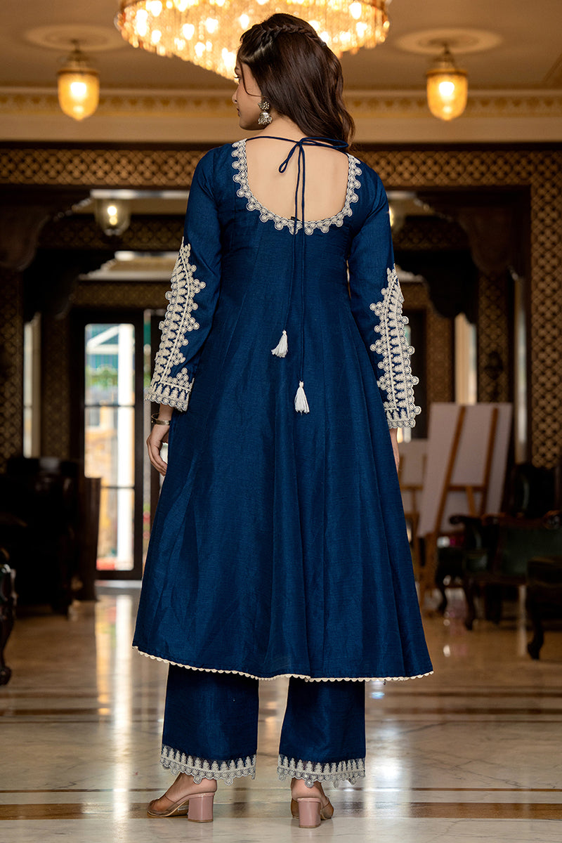 Blue Silk Blend Solid Embroidered Anarkali Kurta Palazzo With Dupatta PKSKD2397