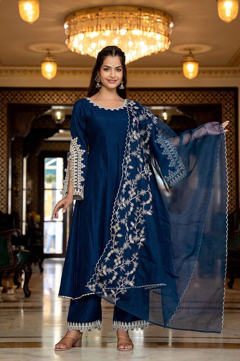 Blue Silk Blend Solid Embroidered Anarkali Kurta Palazzo With Dupatta PKSKD2397