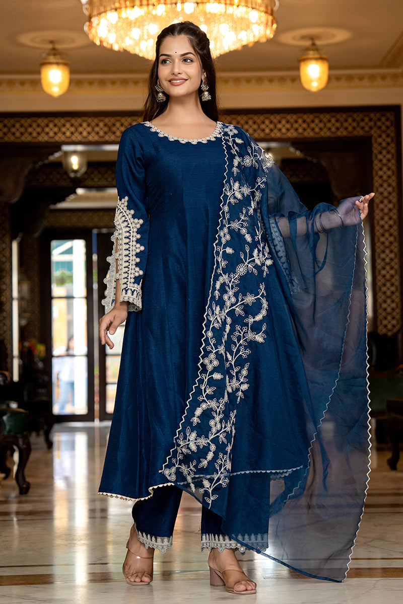 Blue Silk Blend Solid Embroidered Anarkali Kurta Palazzo With Dupatta PKSKD2397