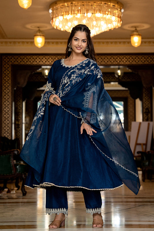 Blue Silk Blend Solid Embroidered Anarkali Kurta Palazzo With Dupatta PKSKD2397