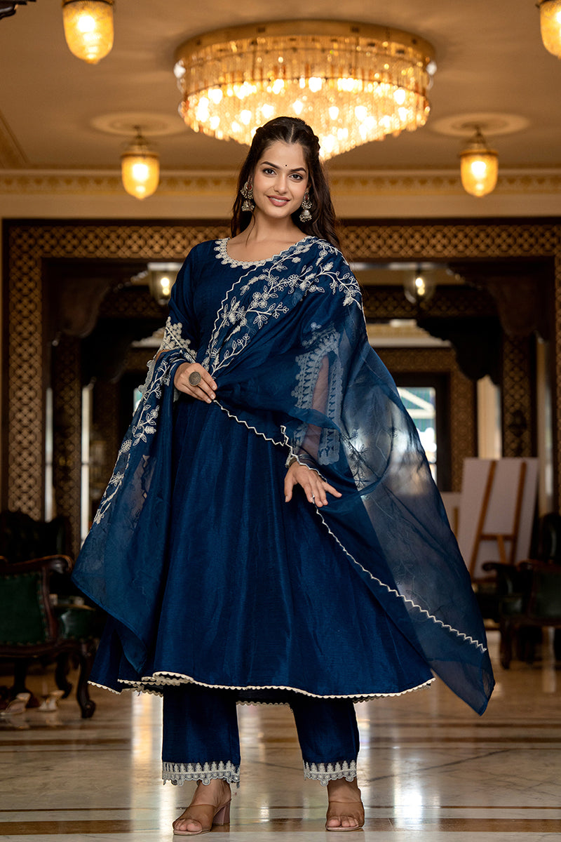 Blue Silk Blend Solid Embroidered Anarkali Kurta Palazzo With Dupatta PKSKD2397