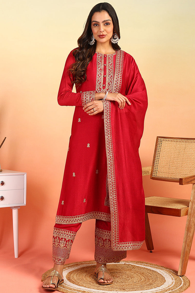 Red Silk Blend Solid Embroidered Straight Palazzo Suit Set PKSKD2399