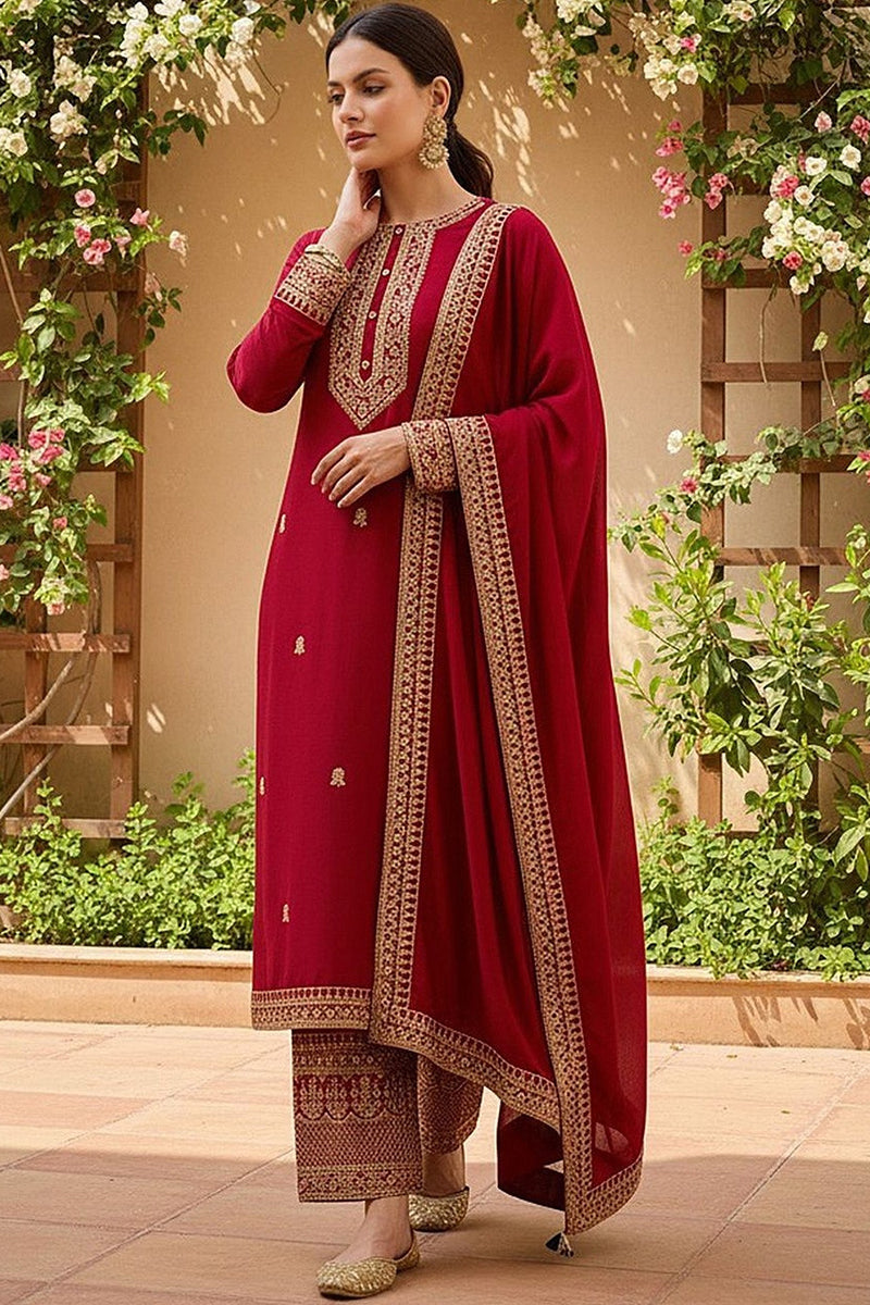 Red Silk Blend Solid Embroidered Straight Palazzo Suit Set PKSKD2399