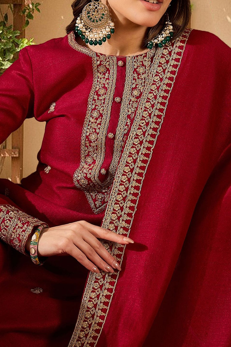 Red Silk Blend Solid Embroidered Straight Palazzo Suit Set PKSKD2399