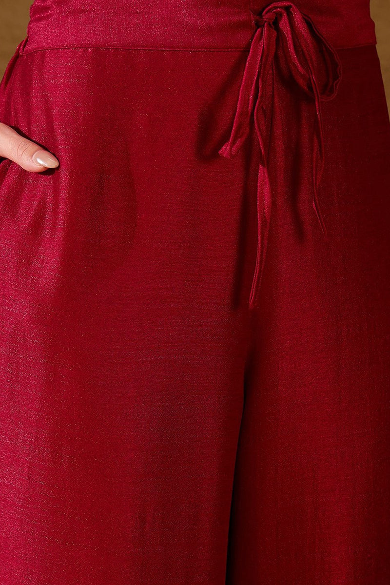 Red Silk Blend Solid Embroidered Straight Palazzo Suit Set PKSKD2399