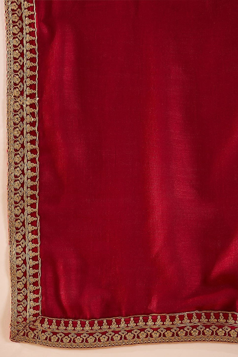 Red Silk Blend Solid Embroidered Straight Palazzo Suit Set PKSKD2399