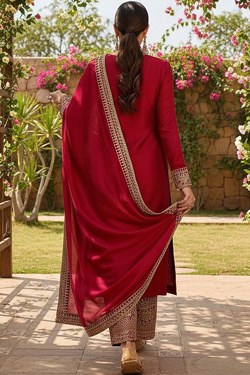 Red Silk Blend Solid Embroidered Straight Palazzo Suit Set PKSKD2399