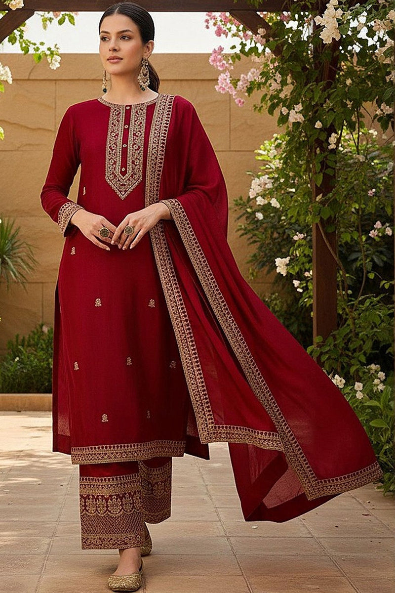Red Silk Blend Solid Embroidered Straight Palazzo Suit Set PKSKD2399
