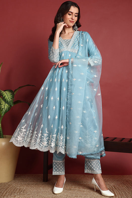 Blue Organza Solid Embroidered Anarkali Suit Set PKSKD2400