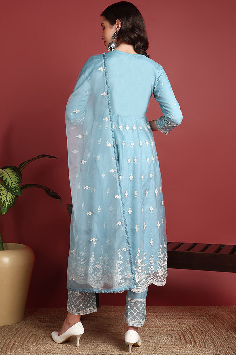 Blue Organza Solid Embroidered Anarkali Suit Set PKSKD2400